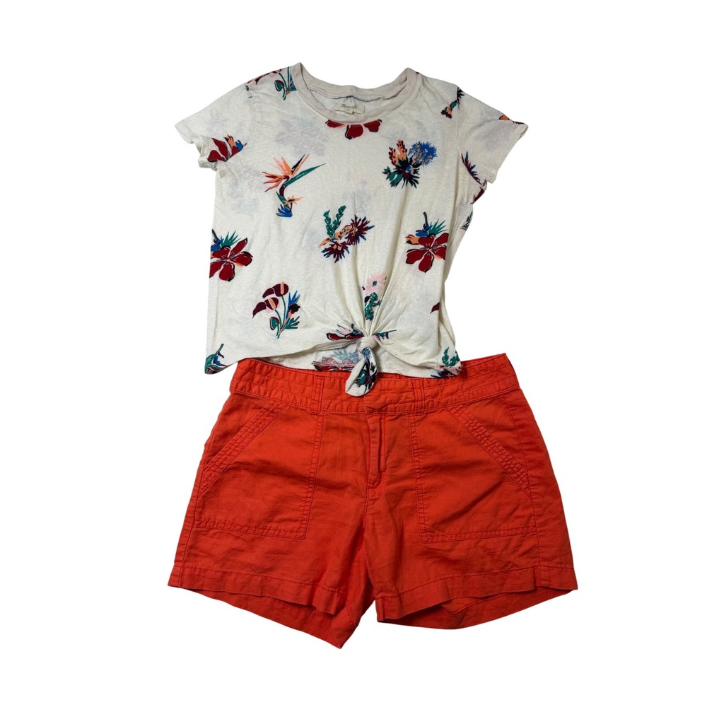 Madewell Floral Tie Front Tee XS & Banana Republic Orange Linen Shorts 4 Set - Picture 2 of 12